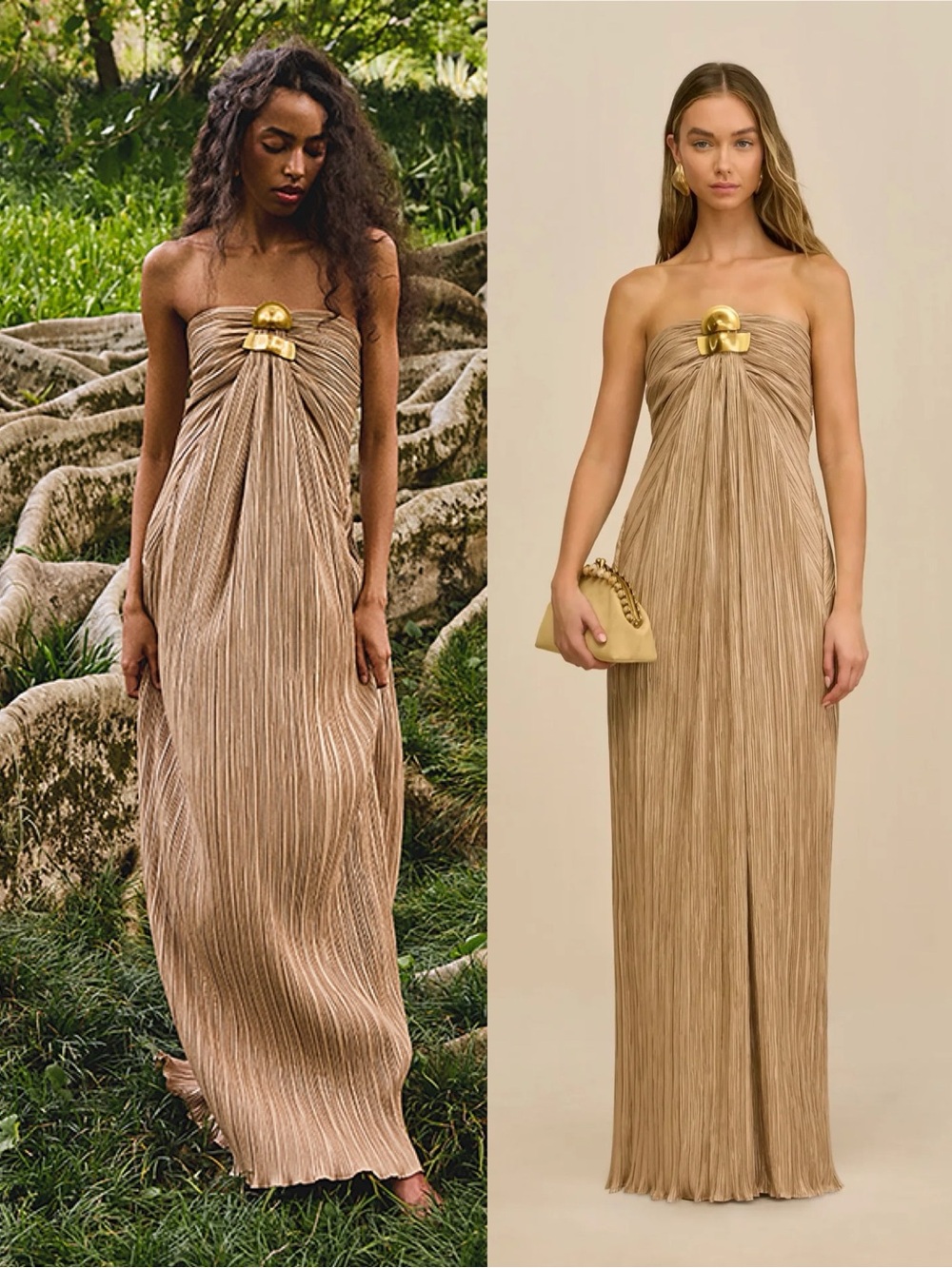 Cult Gaia Sequoia Strapless Pleated Plisse Gown Gold Tone Hardware Sesame